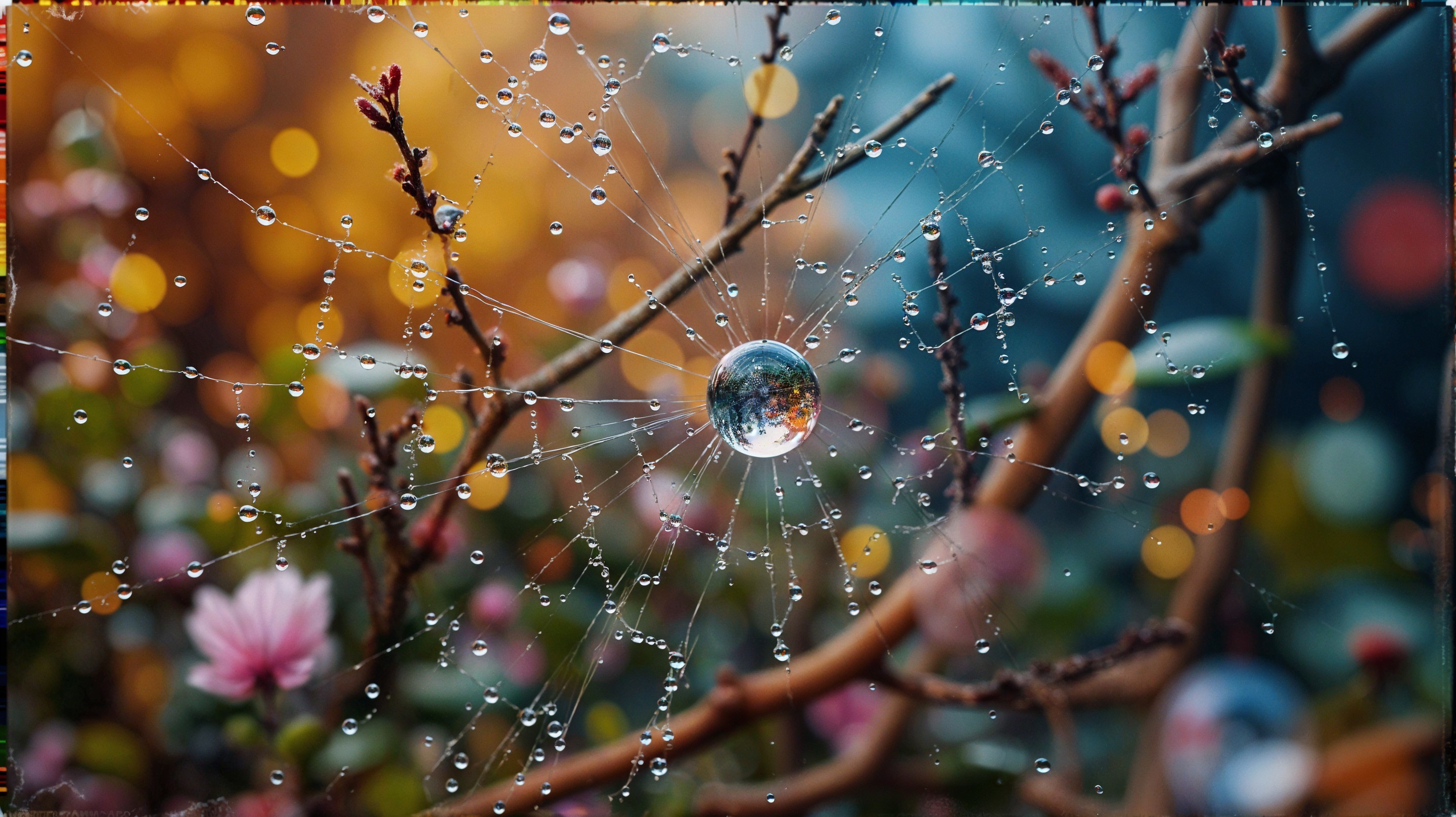 Spider Silk Web with Water Droplets and Flowers