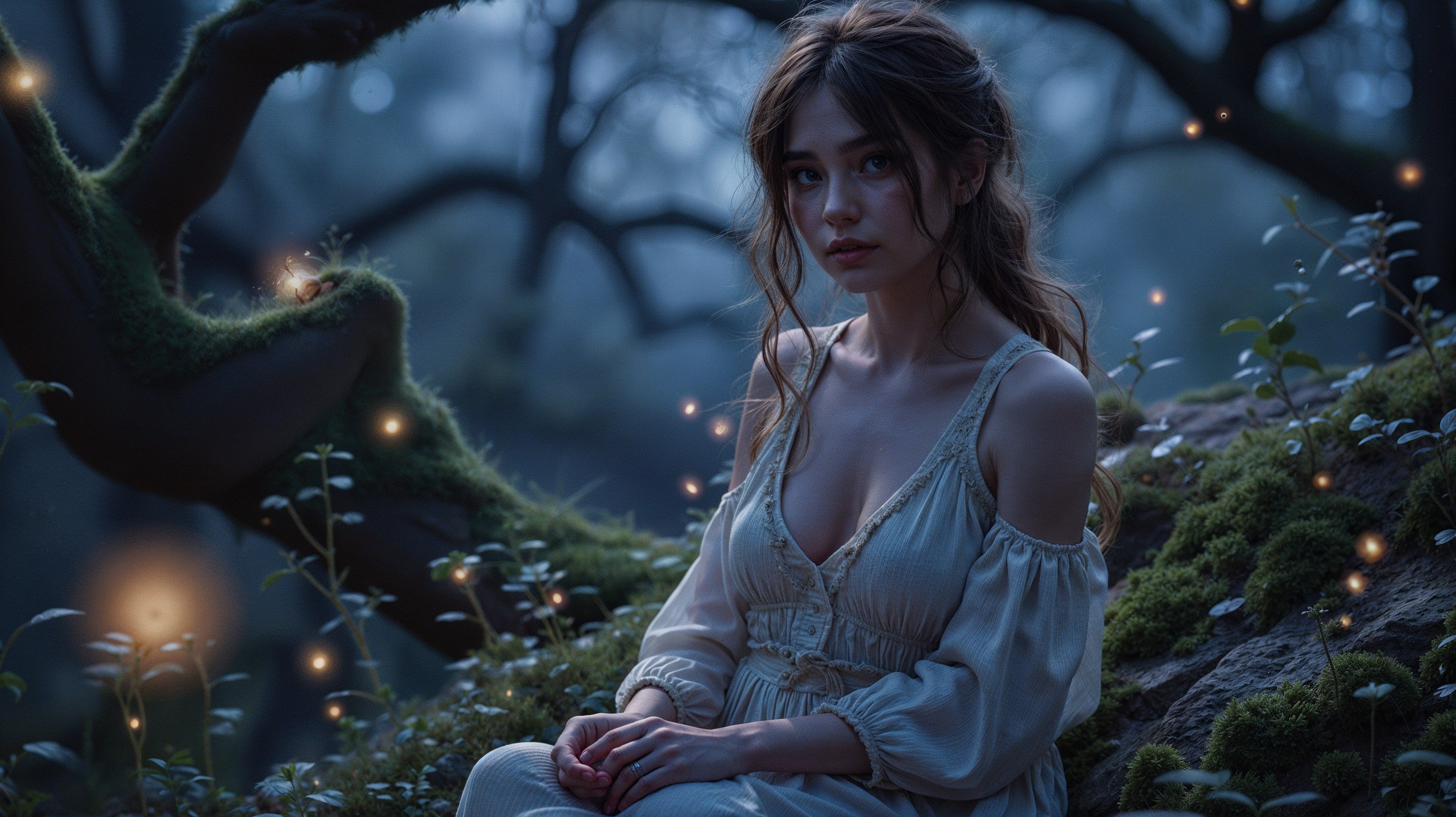 Young Woman in Mystical Forest at Twilight