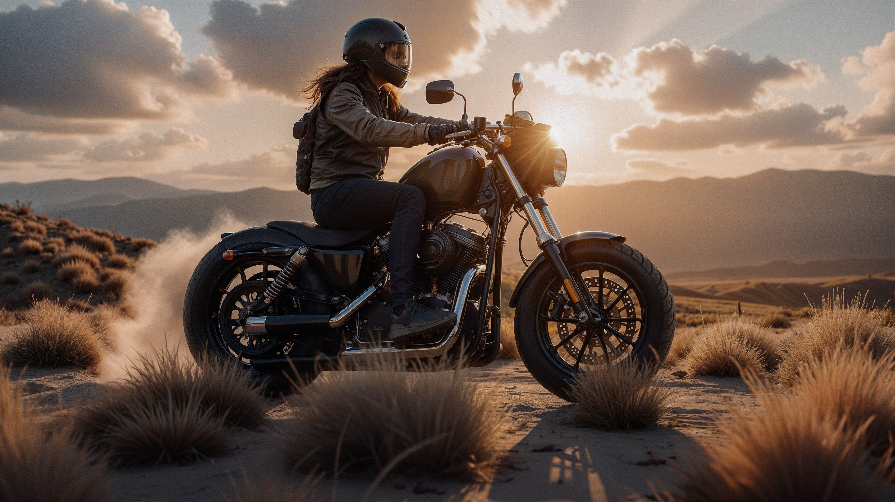 Rider on Motorcycle at Sunset on Sandy Dune