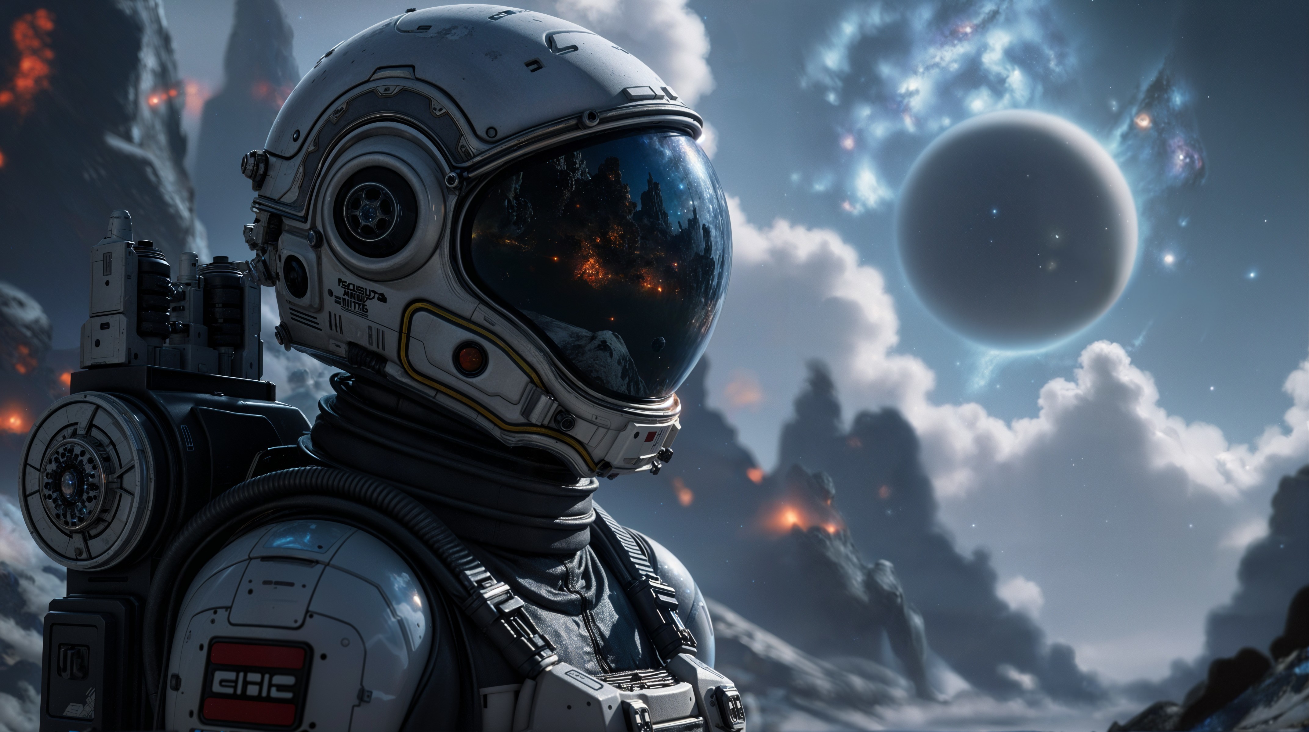 Futuristic astronaut in a cosmic landscape with galaxies