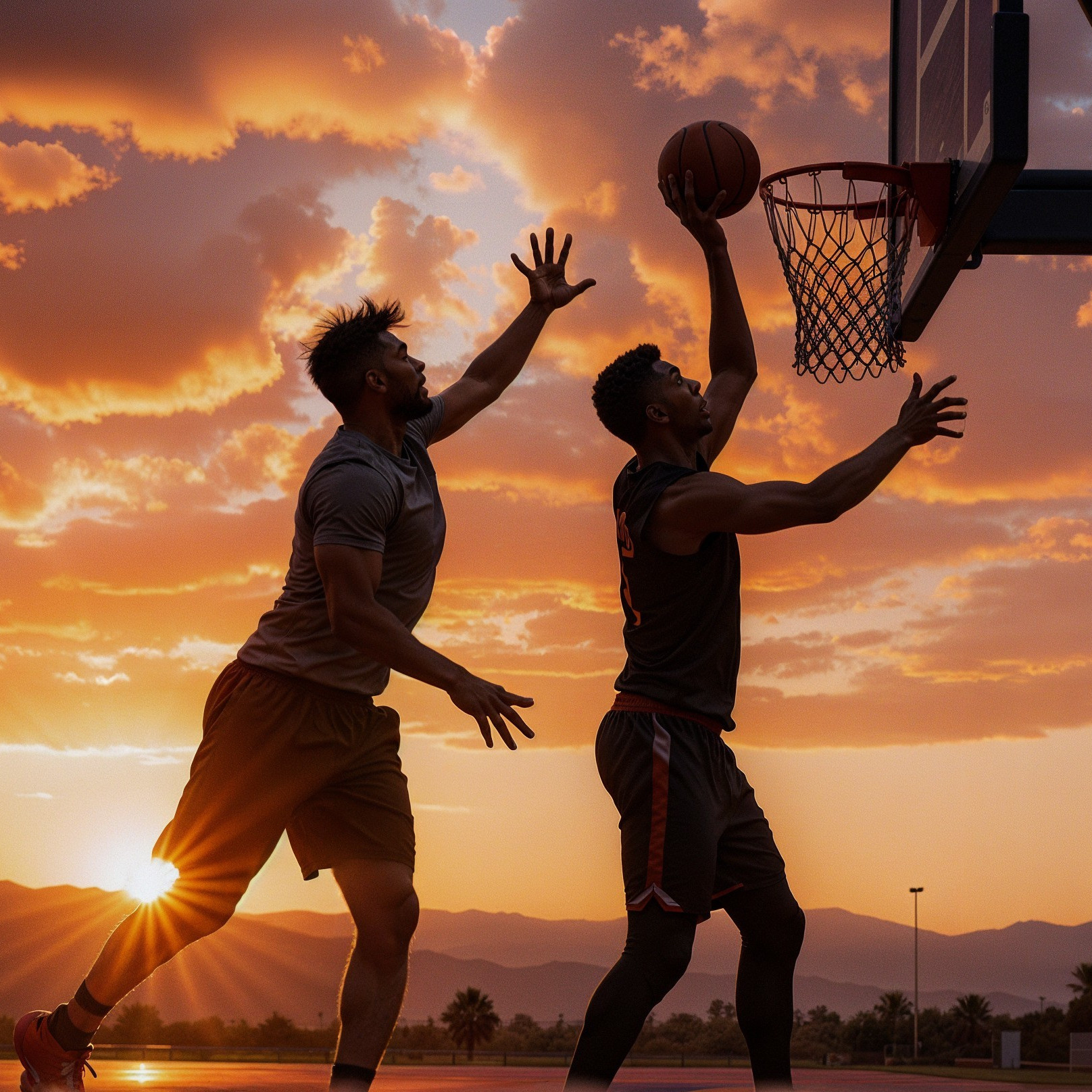 Basketball Players Silhouetted at Sunset on Court