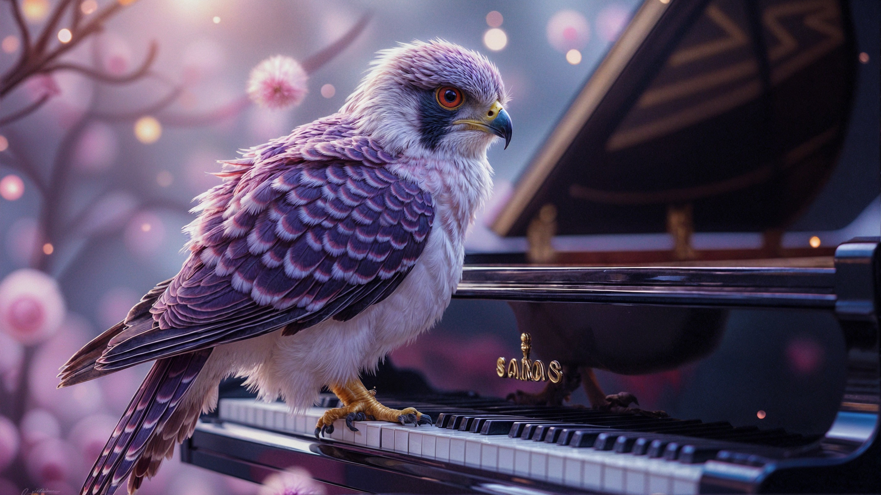 Whimsical Bird on Elegant Piano with Pink Blossoms