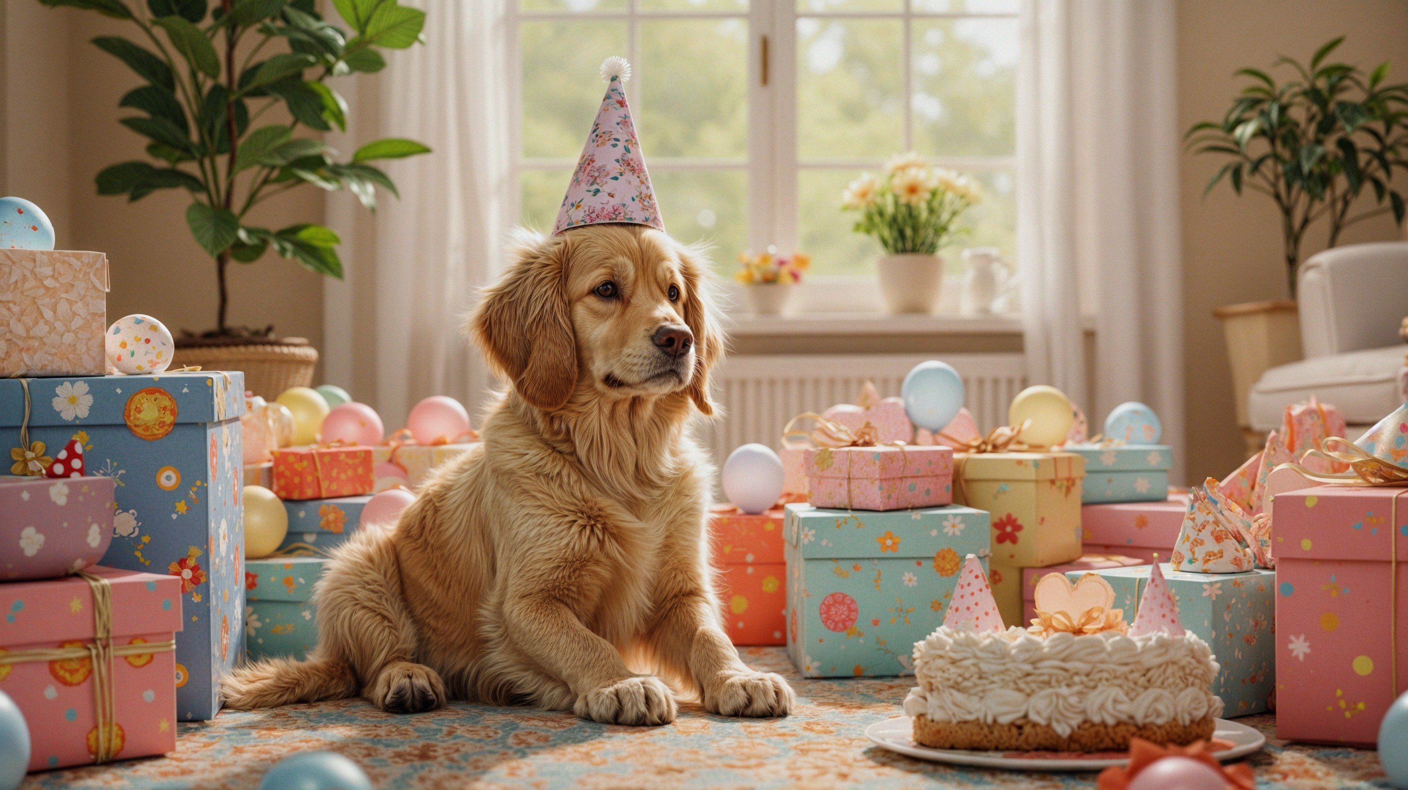 Golden Retriever at a Festive Birthday Celebration