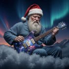 Old Man Playing Guitar on Cloud with Northern Lights