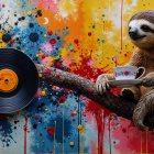 Whimsical Sloth on Branch with Teacup and Colors