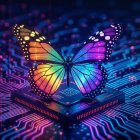 Rainbow Butterfly on Computer Chip with Circuit Board