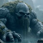 Colossal Skull Figure in Misty Green Landscape