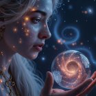 Young woman with cosmic patterns and crystal orb