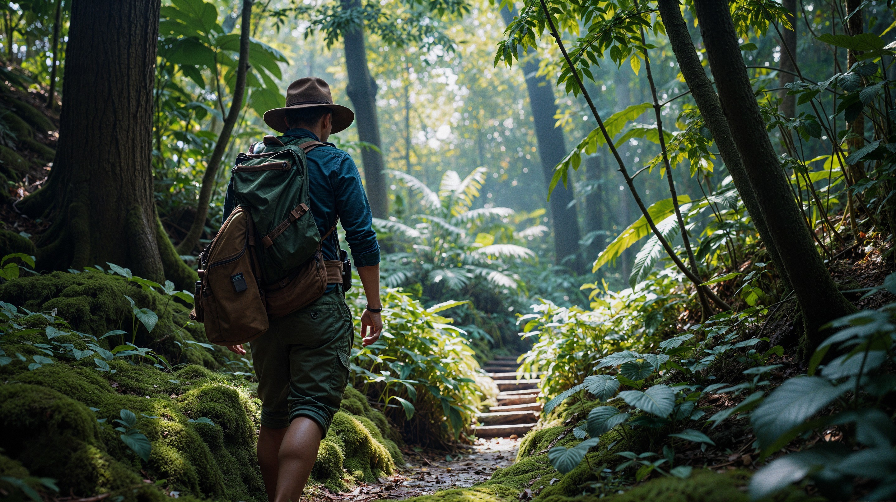 Young Adventurer Walking in Lush Rainforest Path