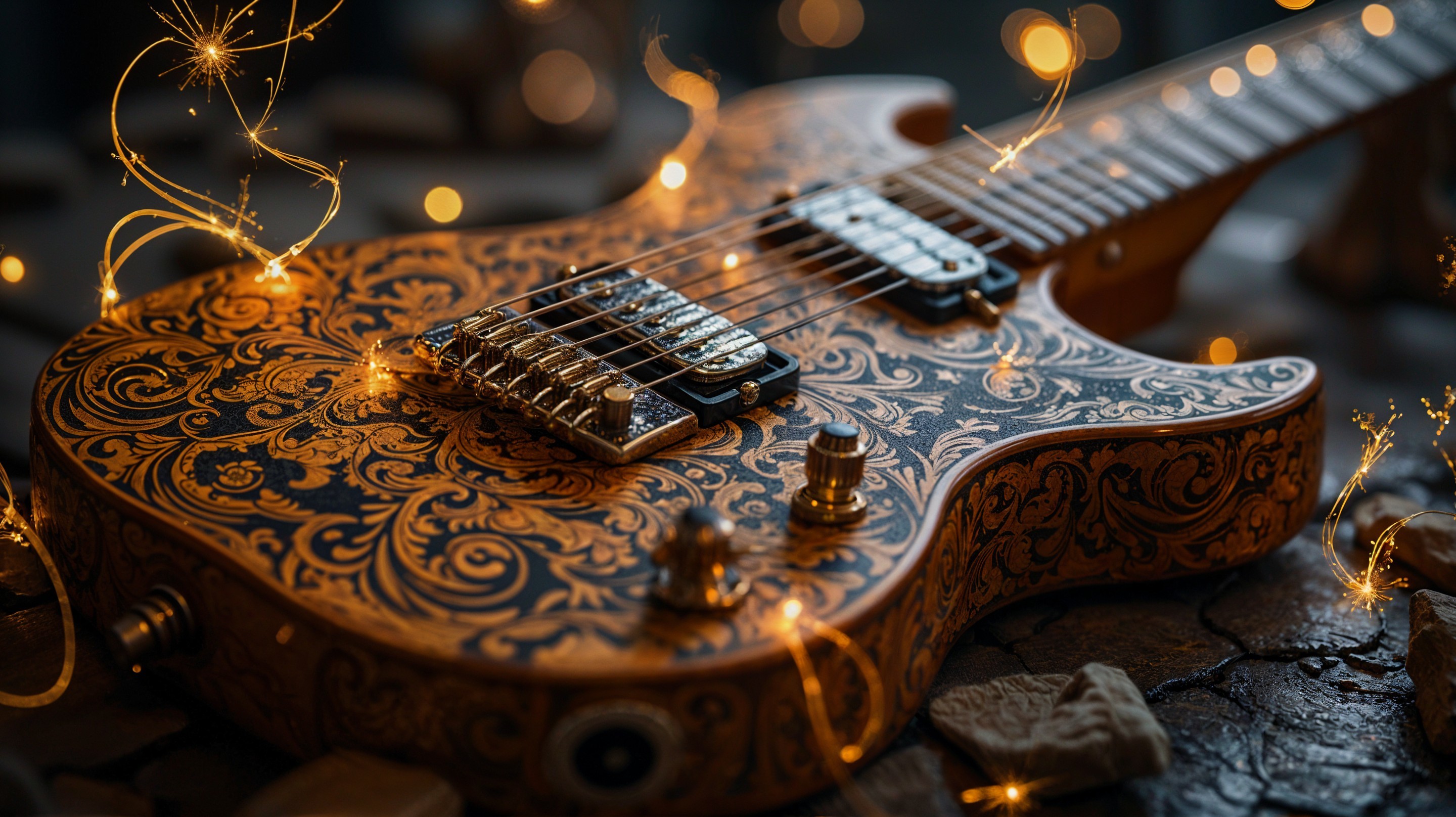 Ornate Electric Guitar with Fairy Lights on Stone Surface
