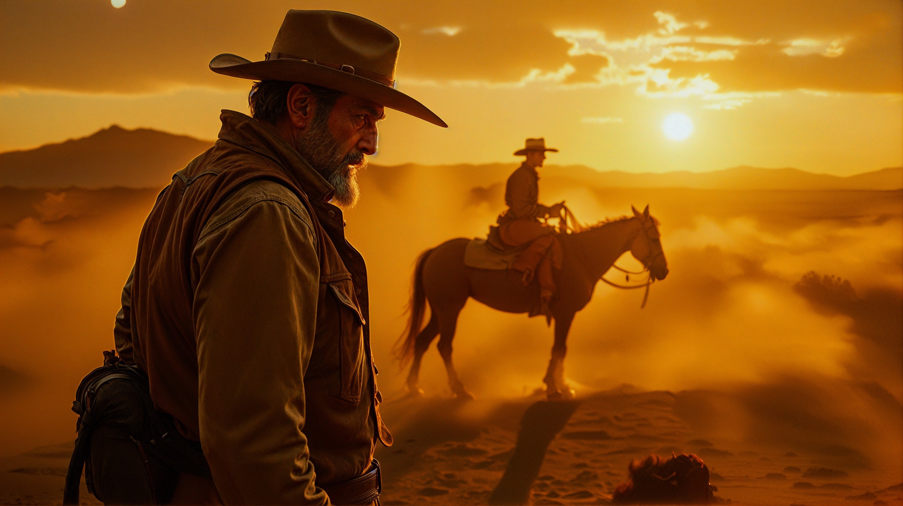 Dramatic Sunset with Cowboys in a Wild Landscape