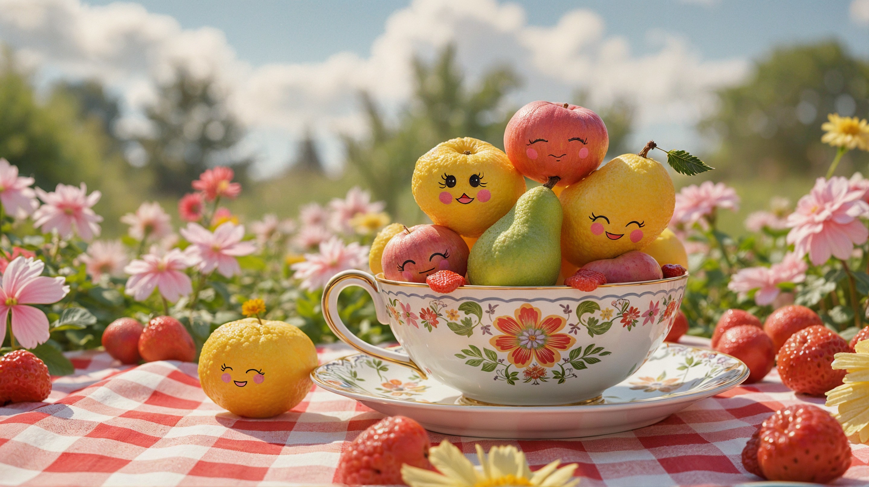 Colorful Cartoon Fruit in Decorative Teacup Scene
