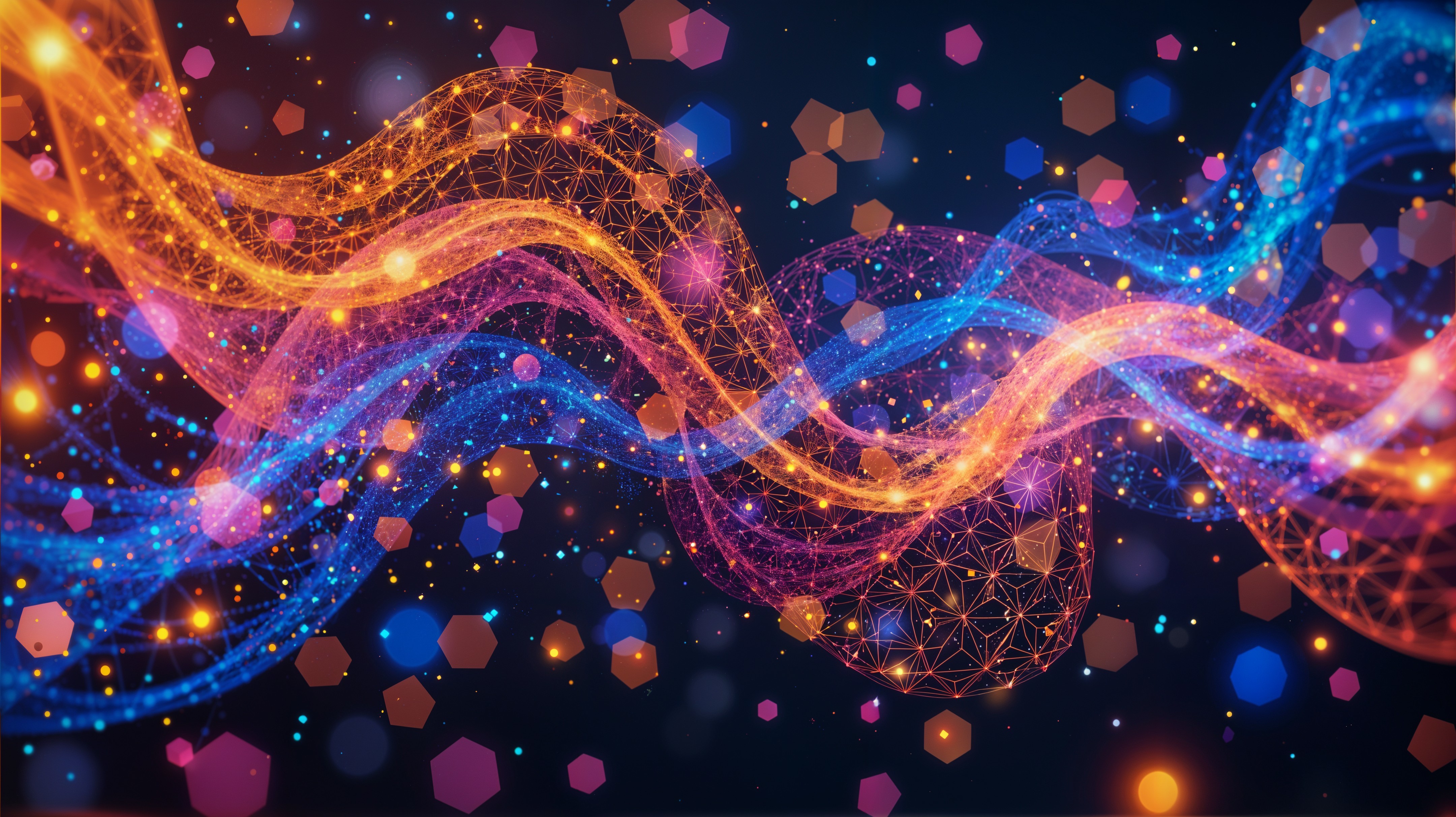 Vibrant Abstract Digital Art with Glowing Waves and Dots