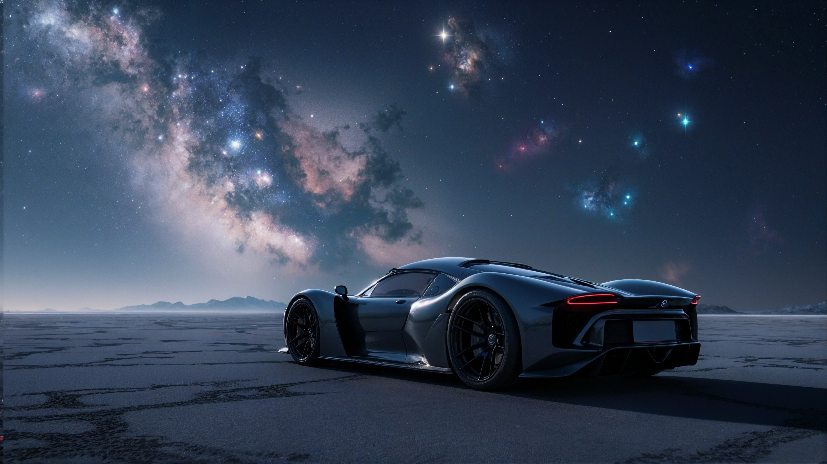Futuristic Sports Car in Cosmic Landscape at Night