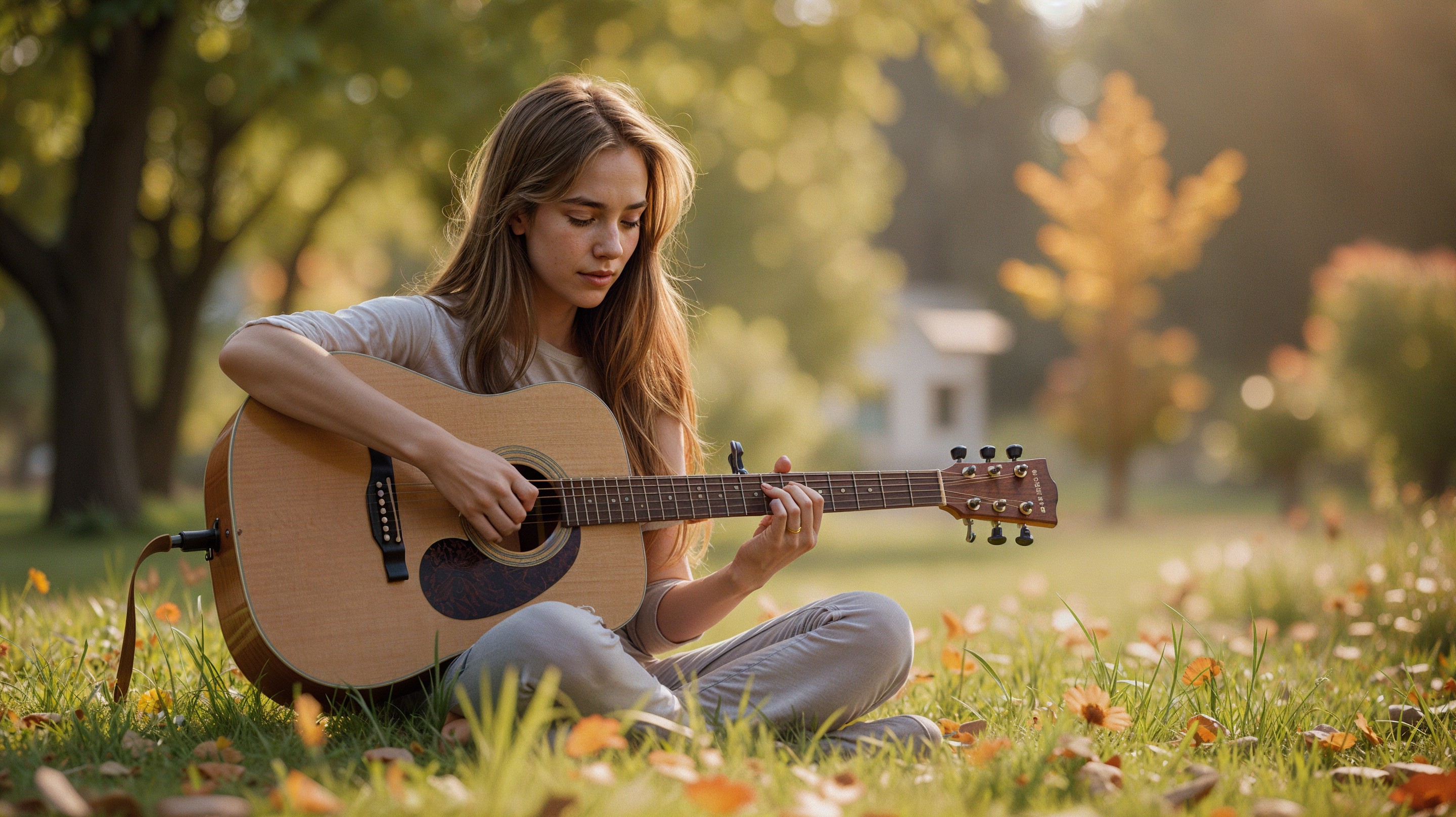 Young woman playing guitar in a serene park setting