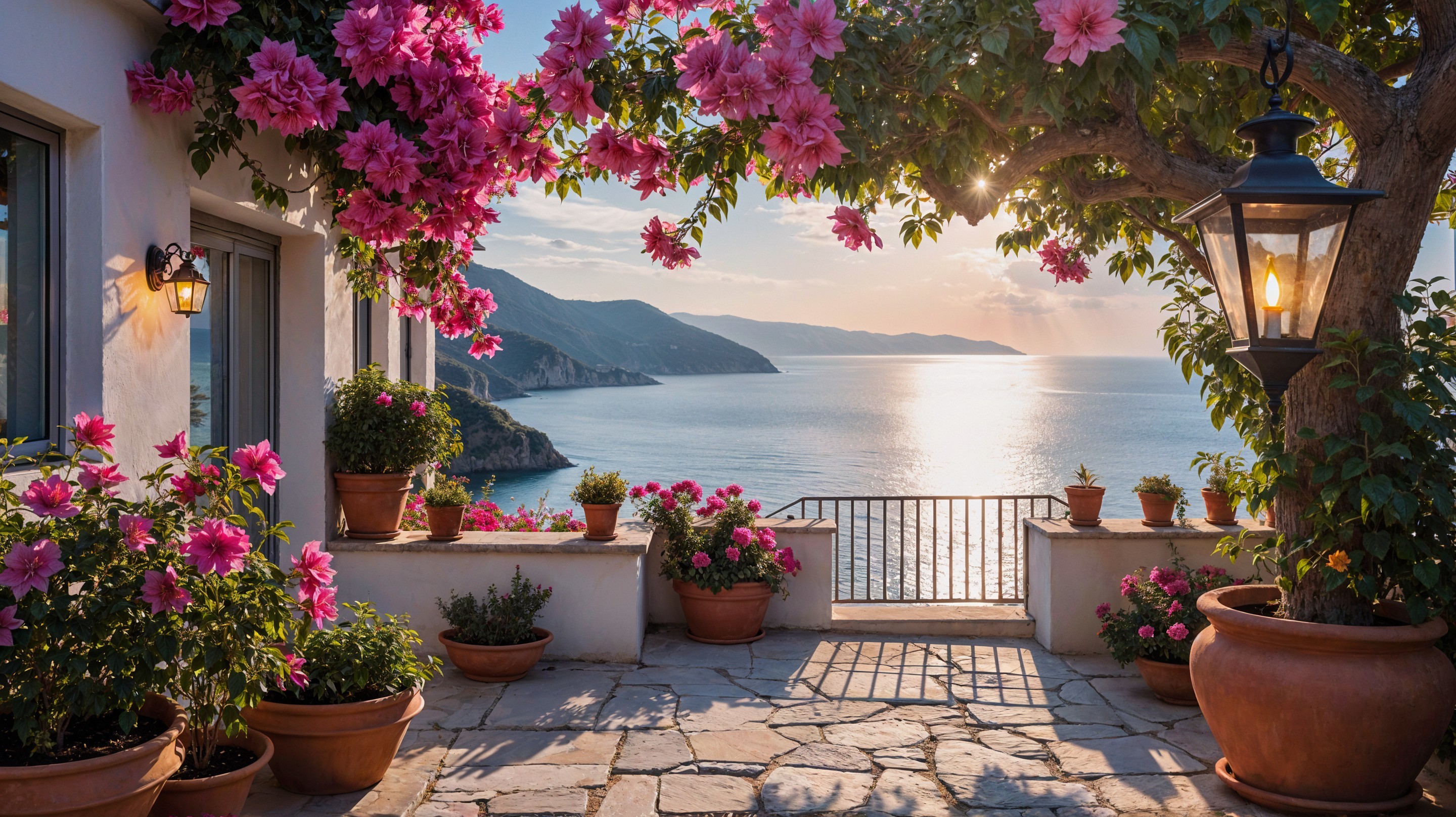 Coastal Scene with Sunset and Vibrant Flowers