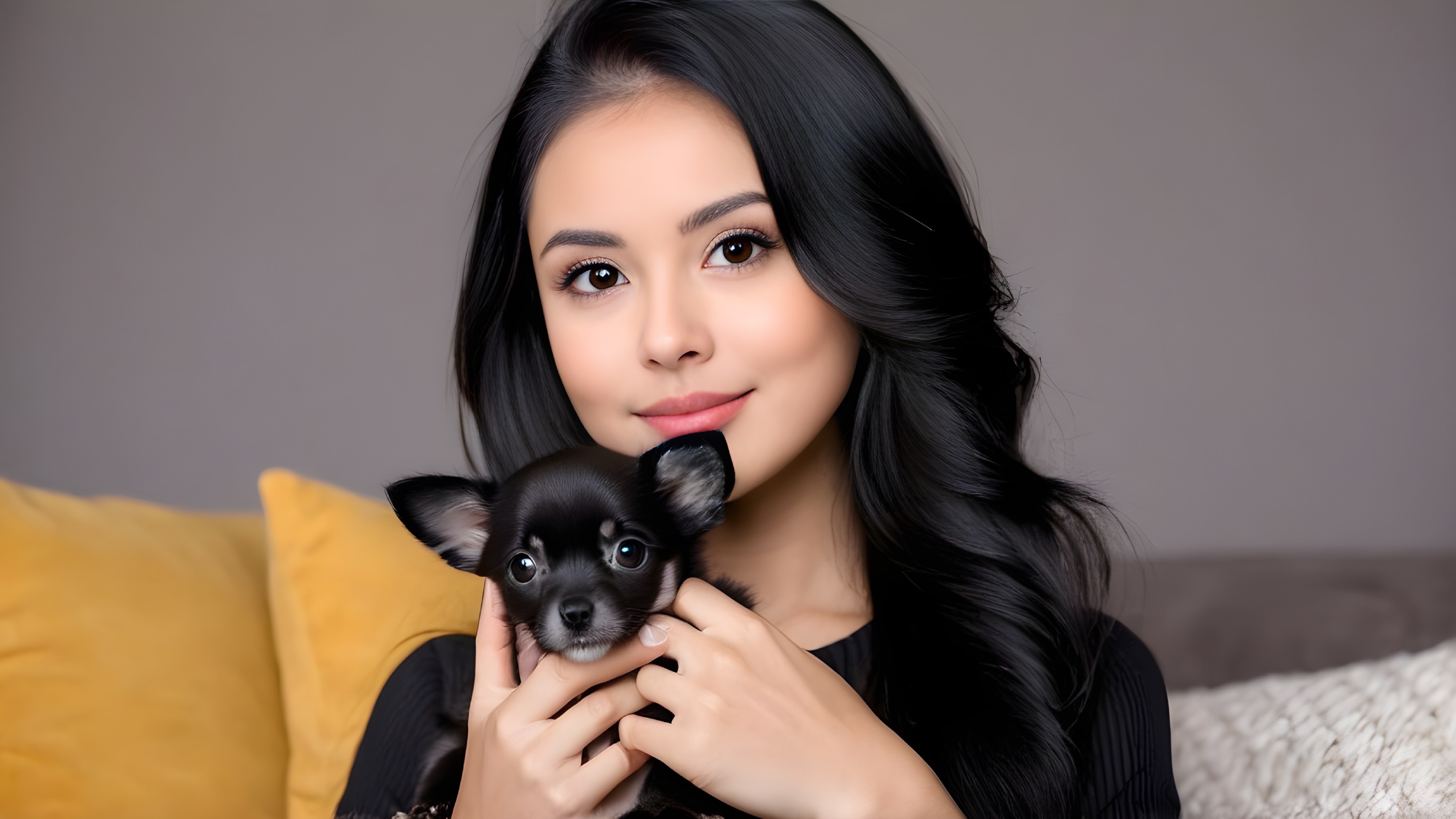 Young woman with puppy in cozy, warm setting