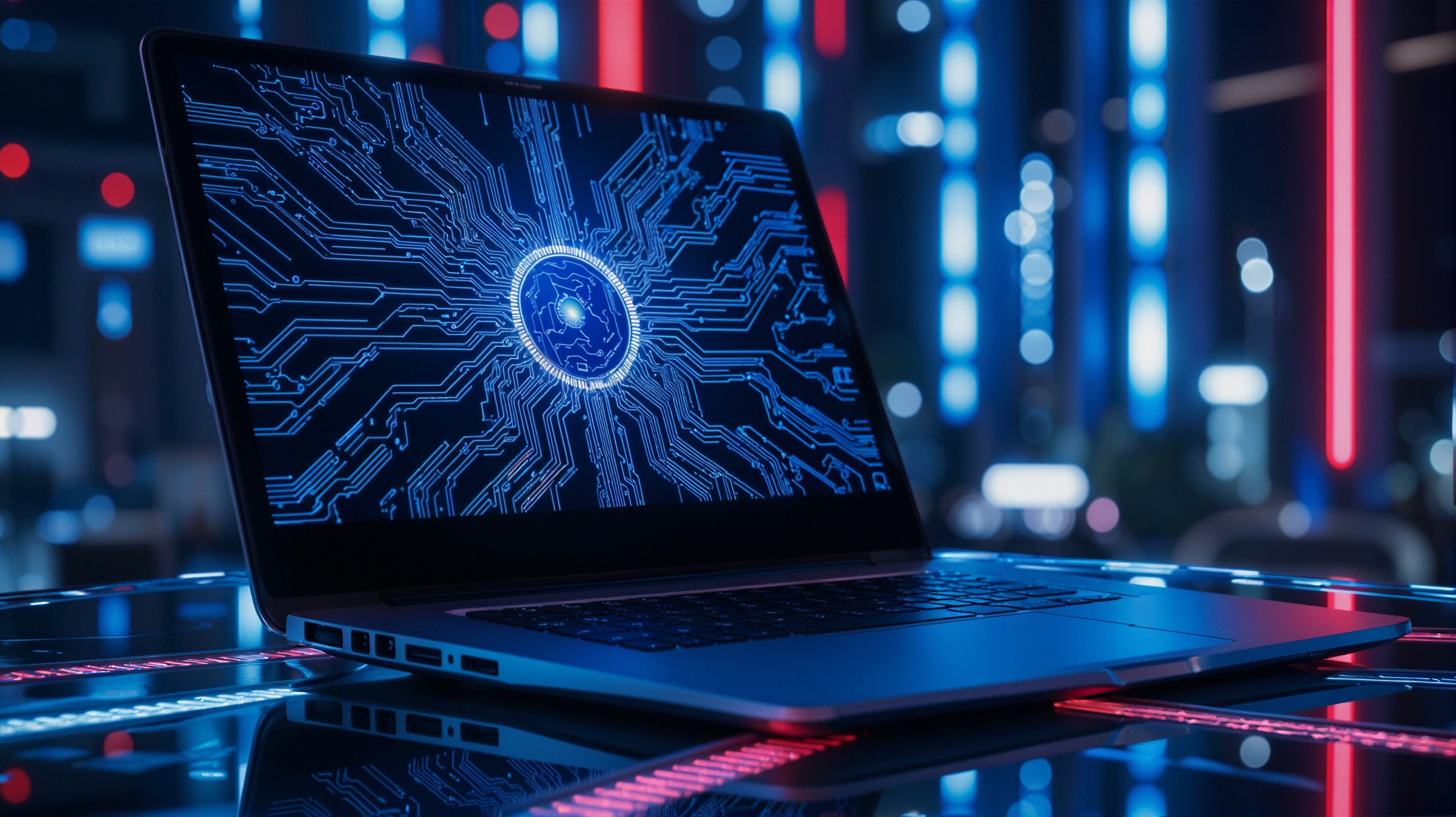 Sleek Laptop with Circuit Design and Neon Background