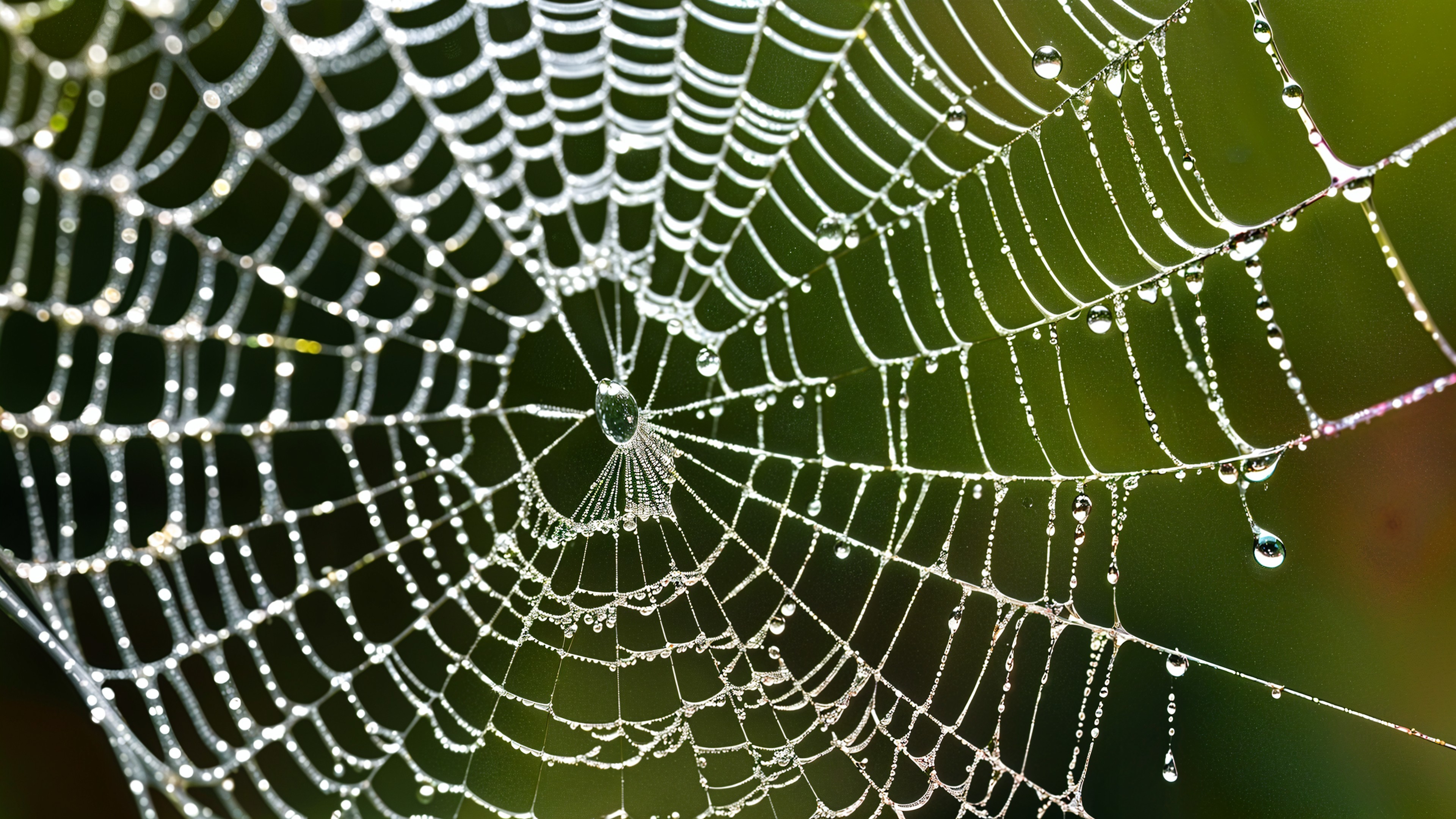 Close-up of a spiderweb with water droplets and light
