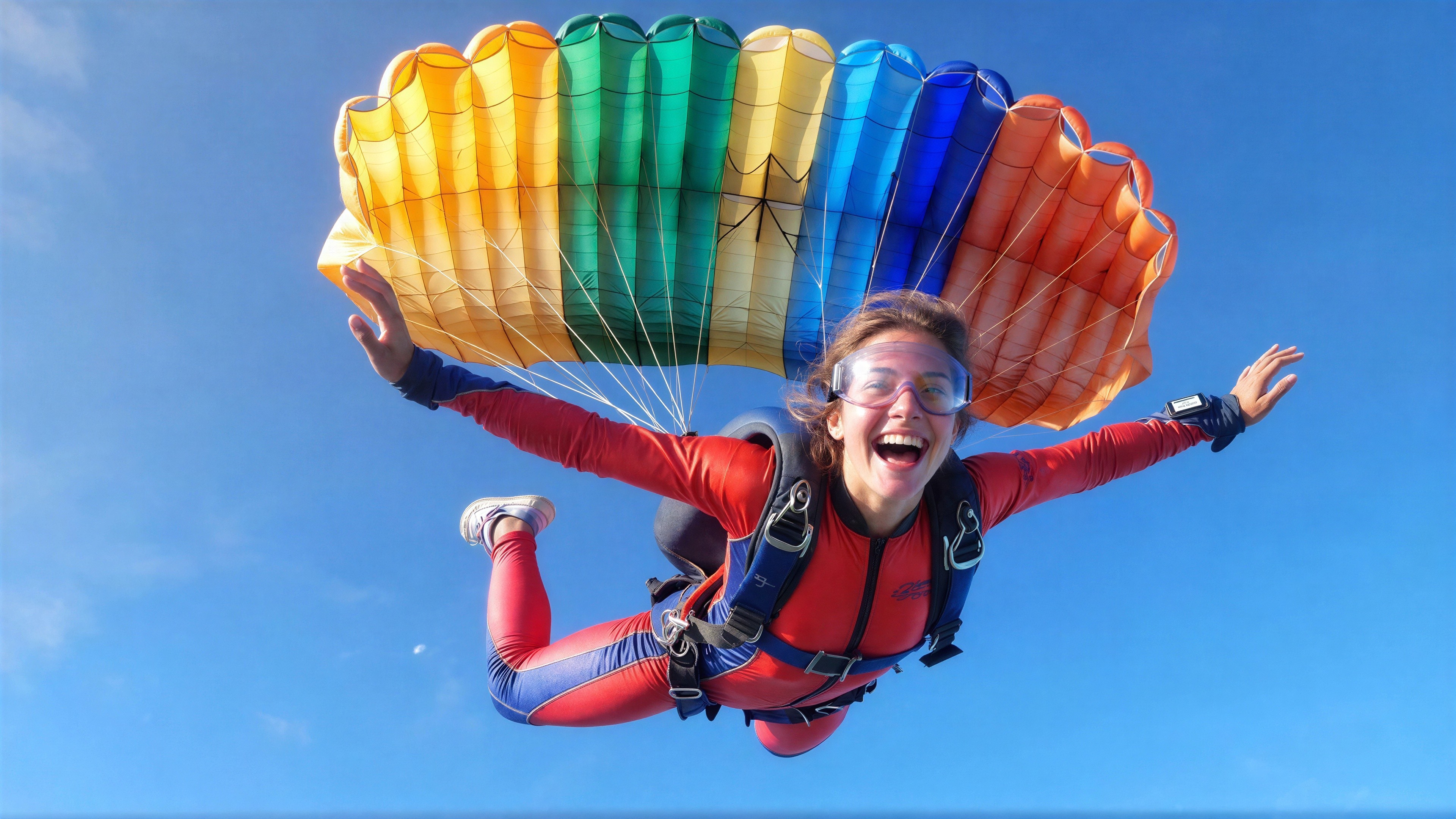 Young woman skydiving in colorful jumpsuit and parachute