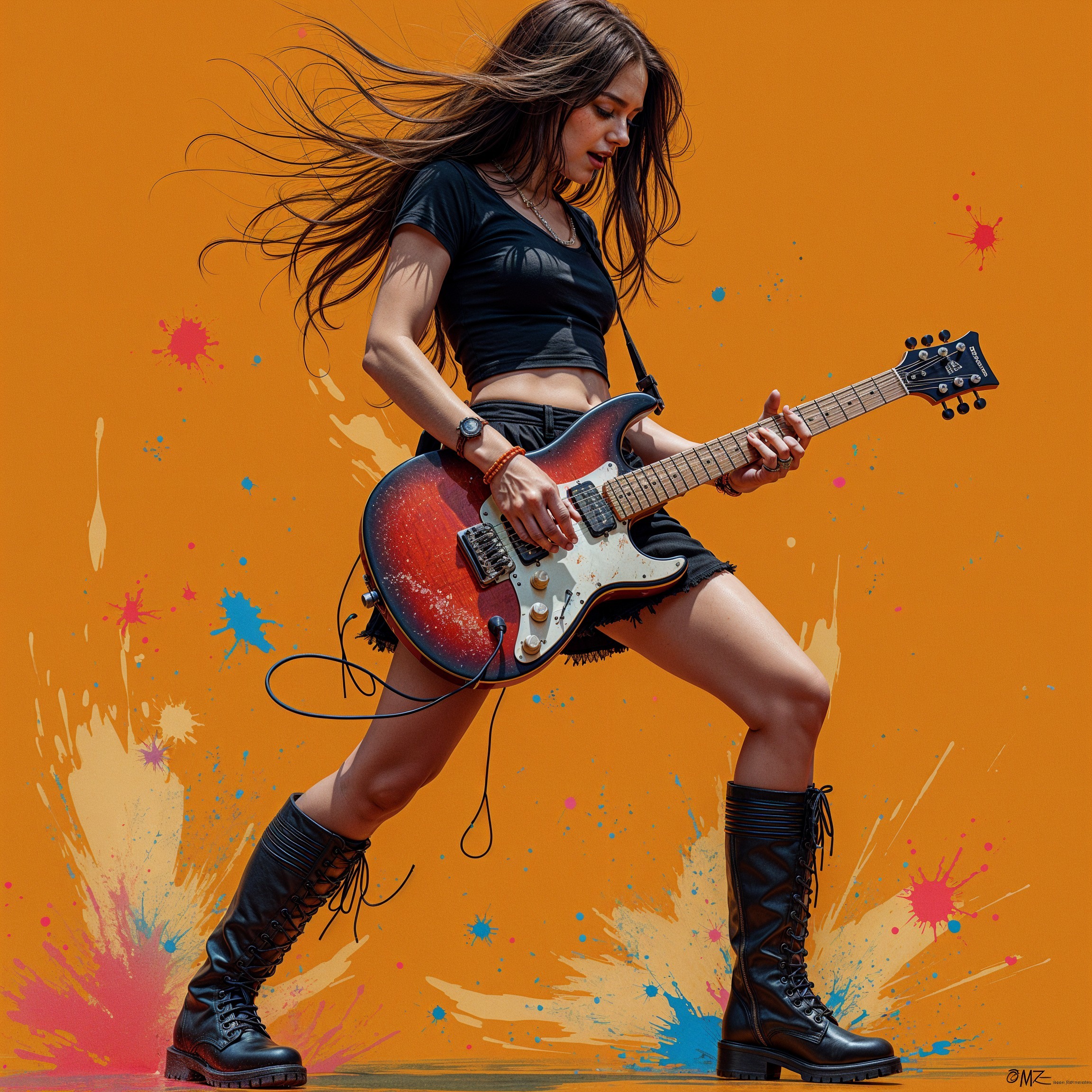 Dynamic Female Guitarist Against Vibrant Orange Background