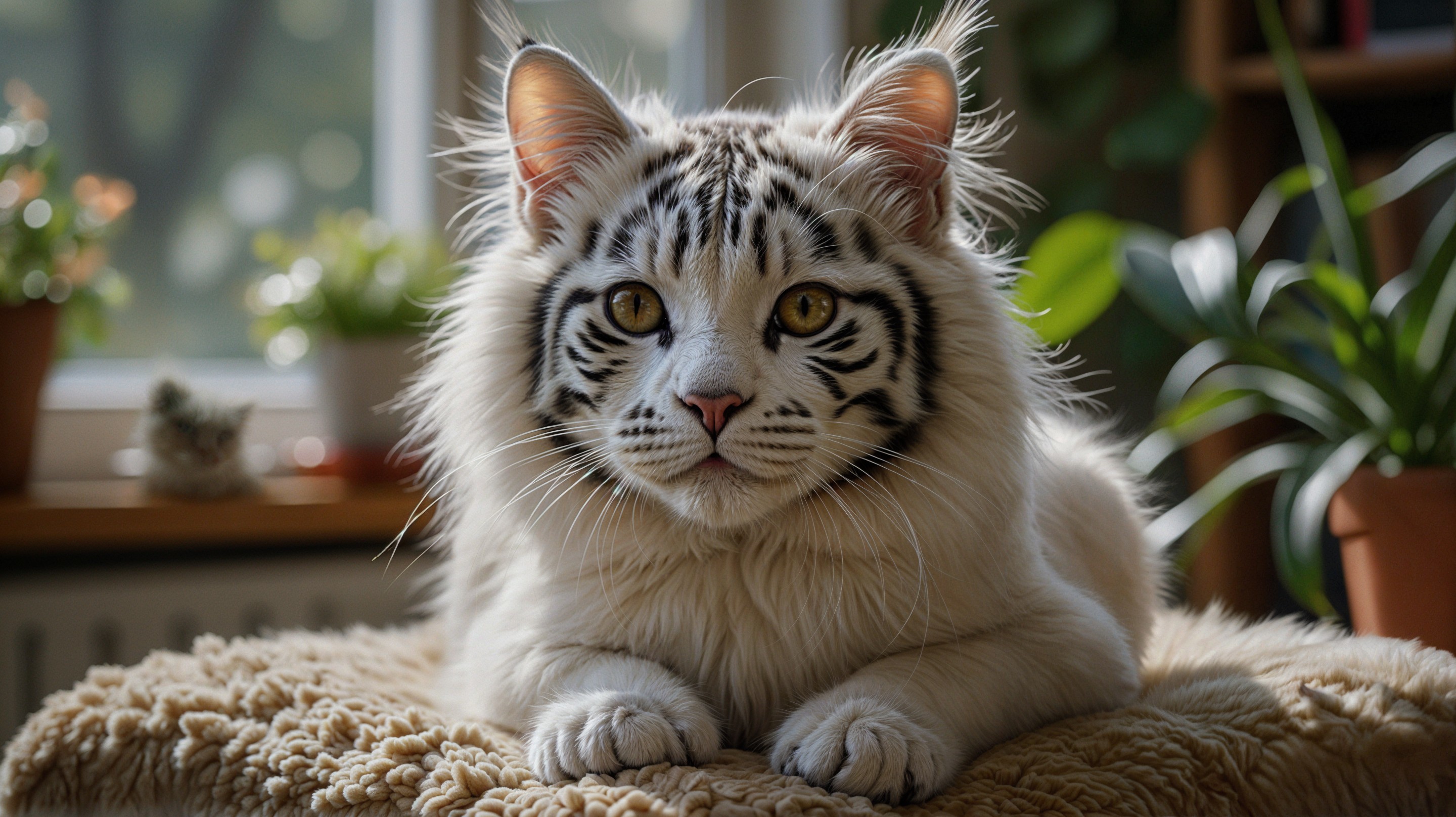 Fluffy White Cat with Black Stripes in Tranquil Setting