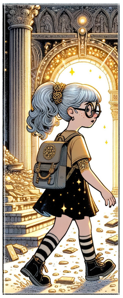 Young girl in ornate archway with sparkling light