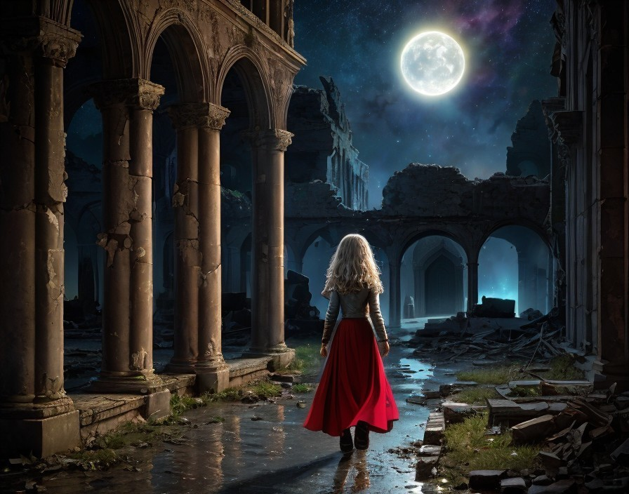 Ethereal Scene of Cloaked Figure at Ancient Ruins