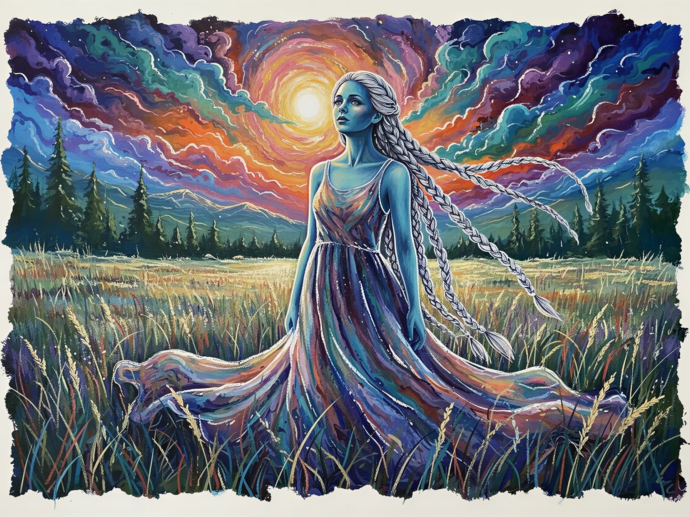 Fair-Skinned Woman in Flowing Dress in Tall Grass Field