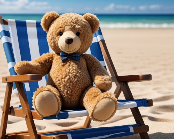 Teddy Bear on Beach Chair with Ocean Background