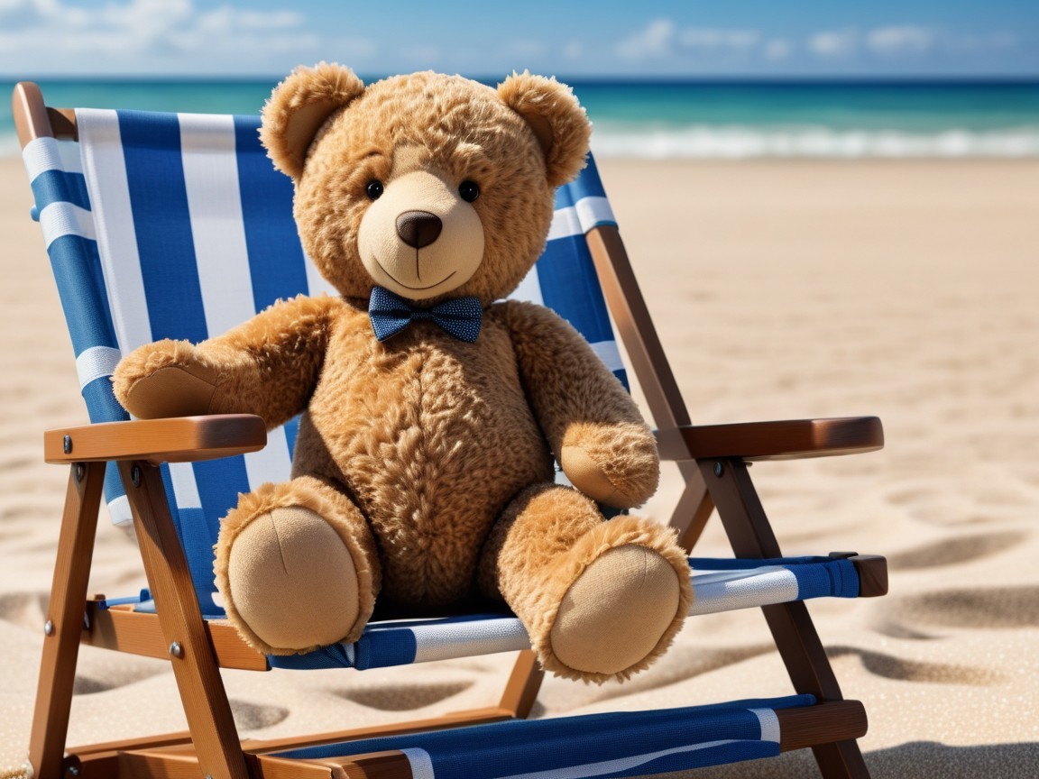Teddy Bear on Beach Chair with Ocean Background