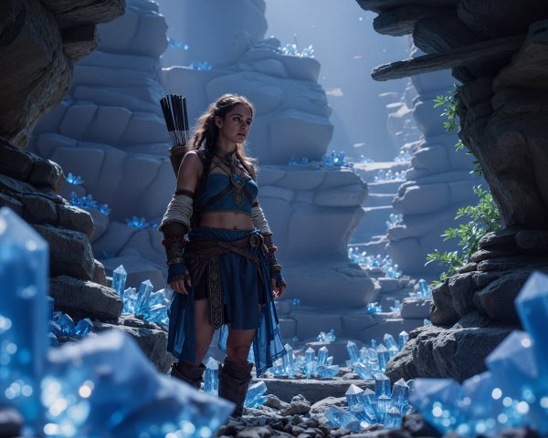 Fierce warrior in mystical cave with blue crystals