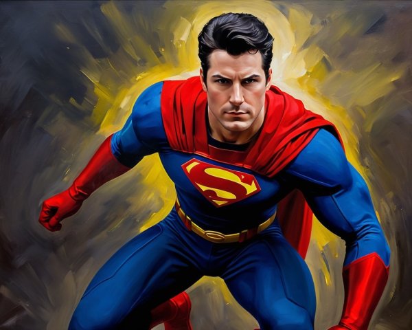 Superhero in Blue and Red Costume with Iconic Logo