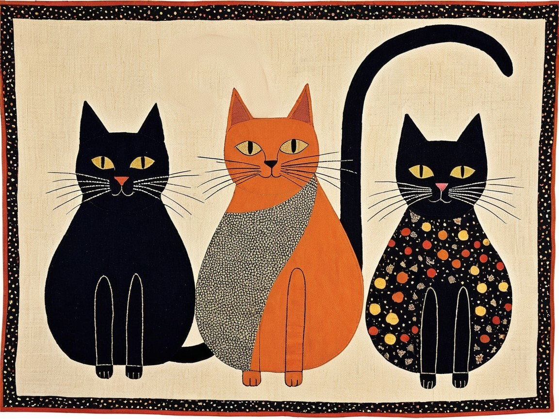 Textile Artwork Featuring Three Stylized Cats