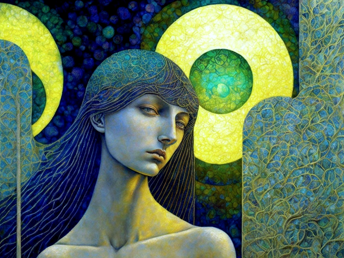 Contemplative Figure Amidst Vibrant Circular Forms