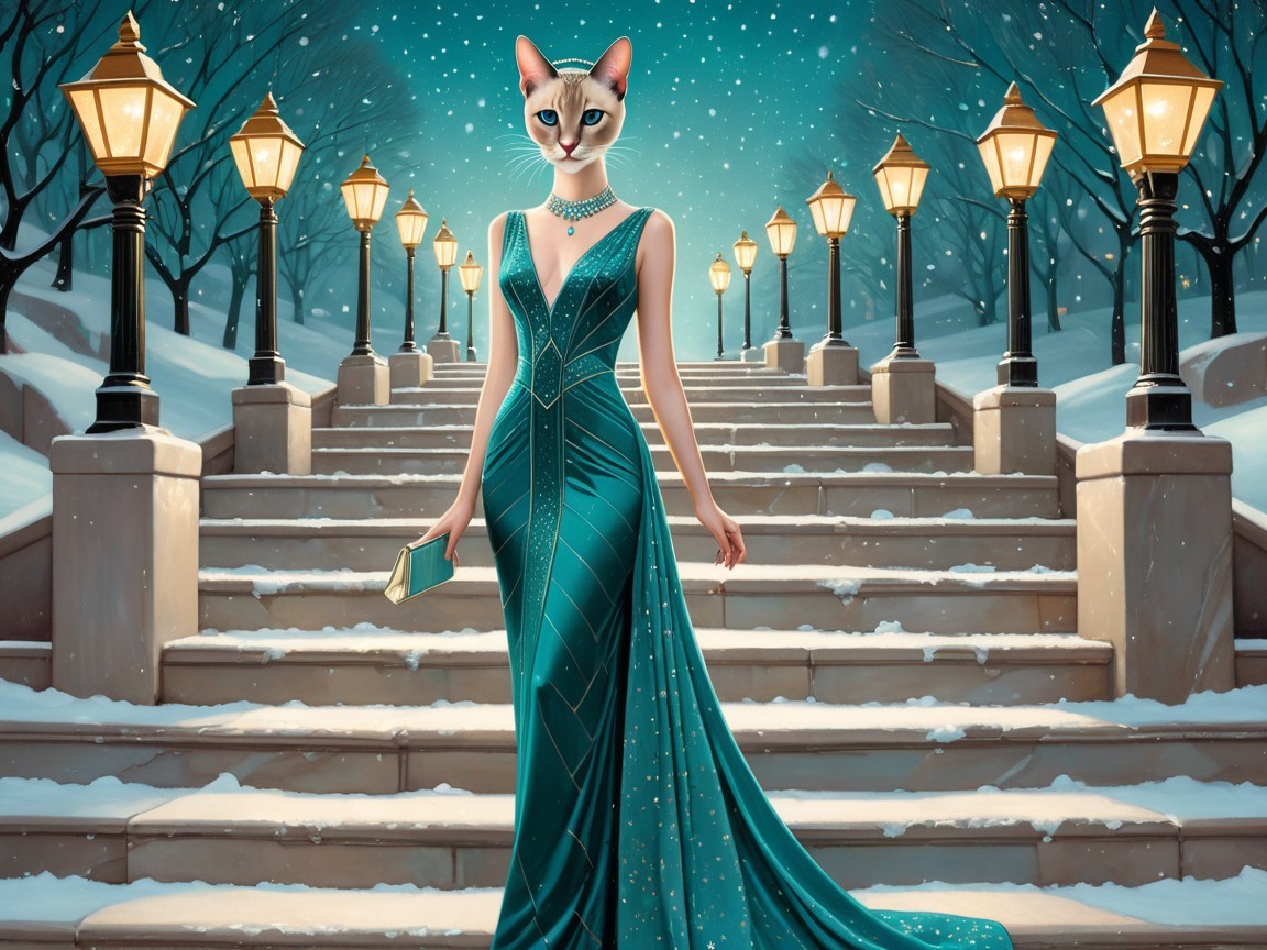 Stylish figure in teal gown on snowy staircase scene
