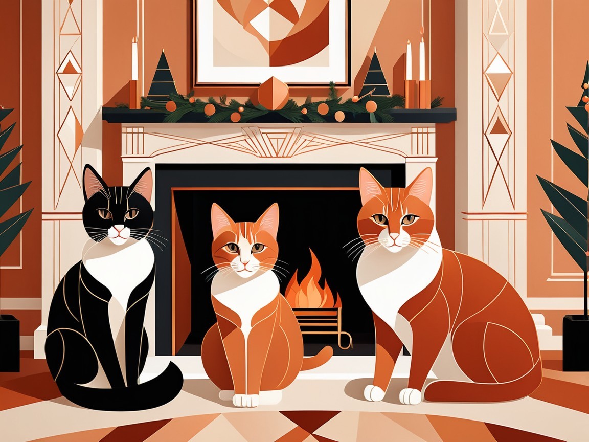 Cozy Indoor Scene with Three Cats by a Fireplace