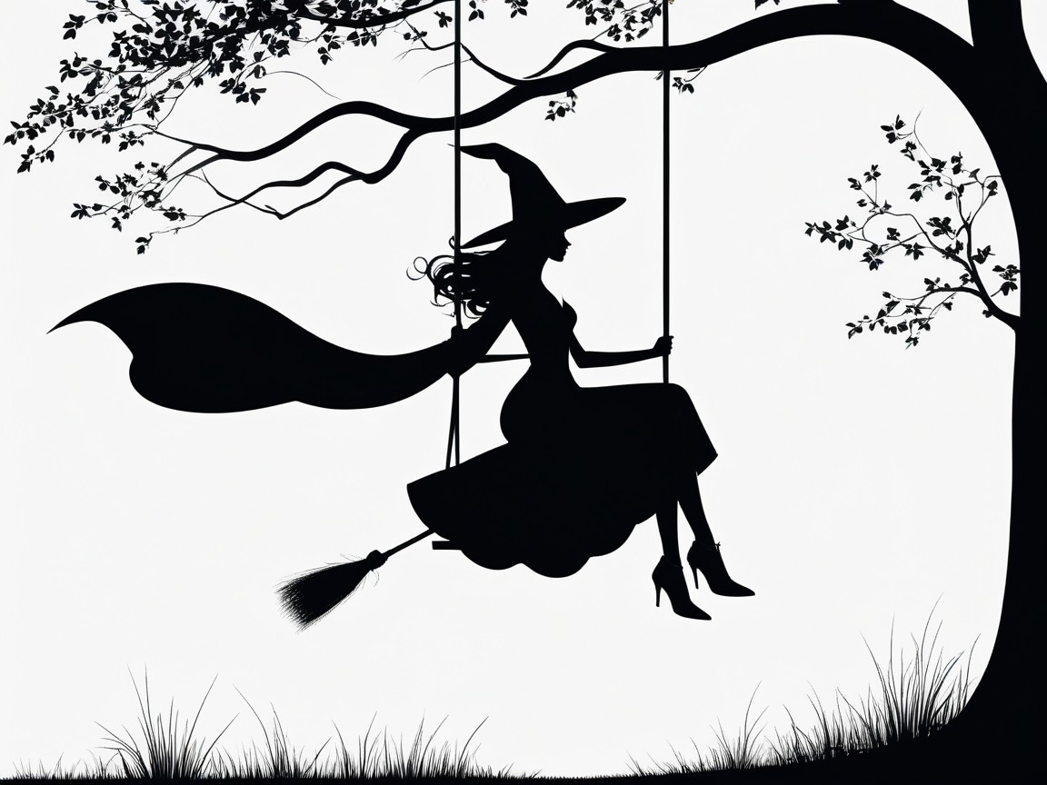 Silhouette of a witch swinging from a tree branch