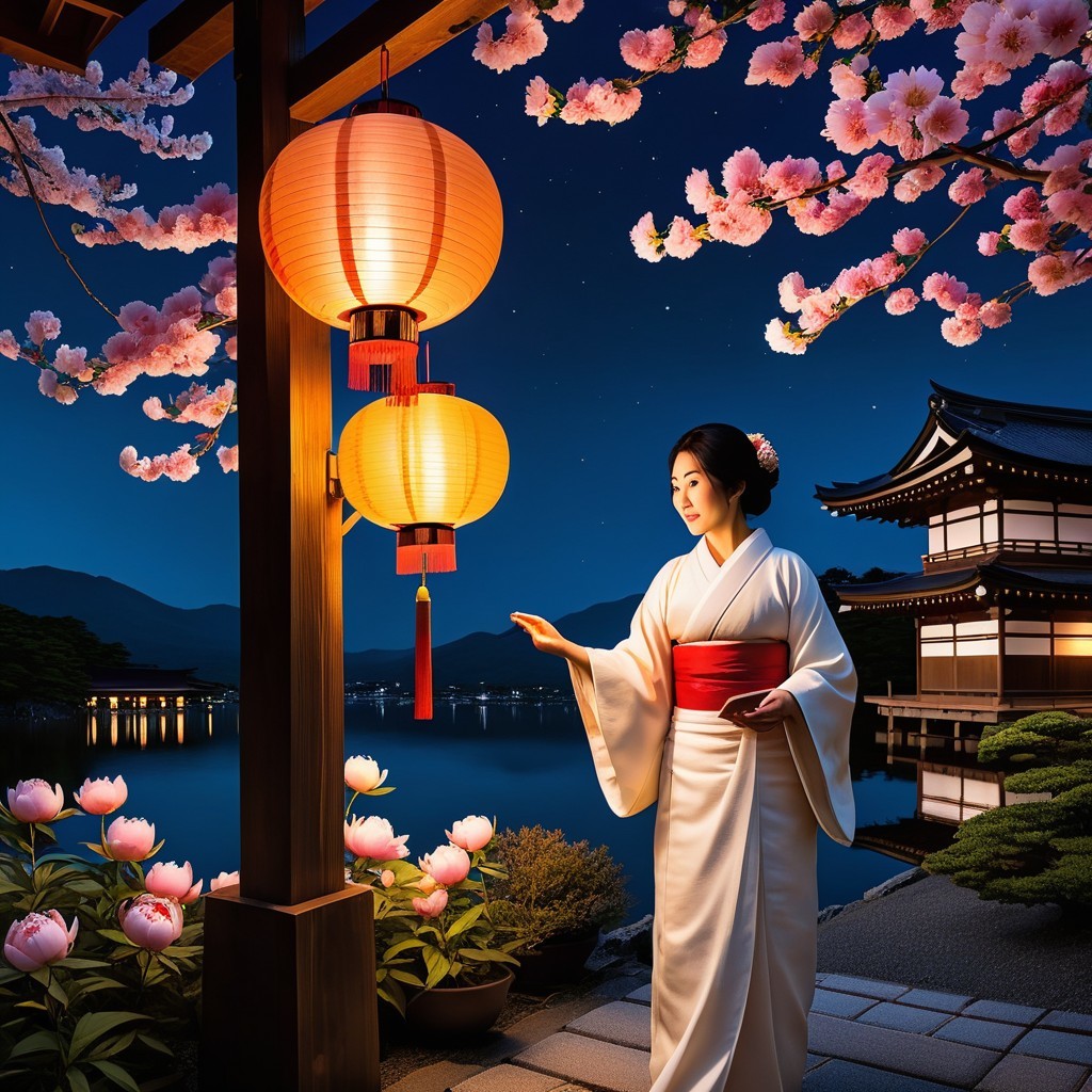 Night Scene of Woman in Kimono by Lanterns and Temple