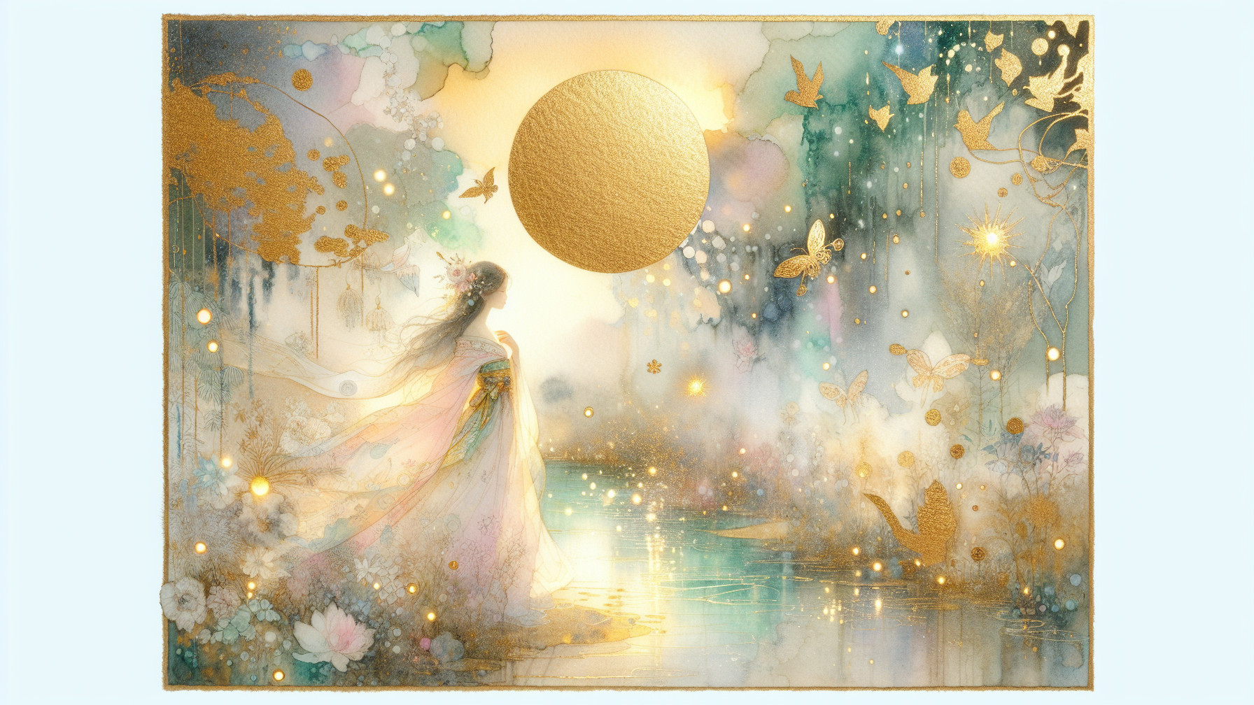 Serene figure by tranquil waterway with butterflies and sun