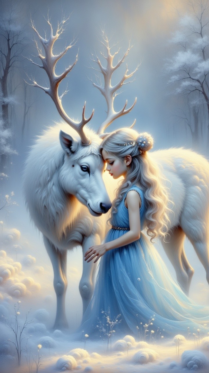 Winter Landscape with Girl and White Reindeer