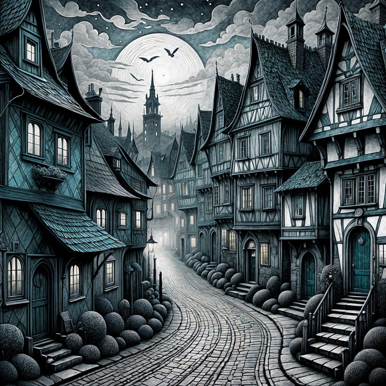 Mystical Village Street Under a Glowing Moon