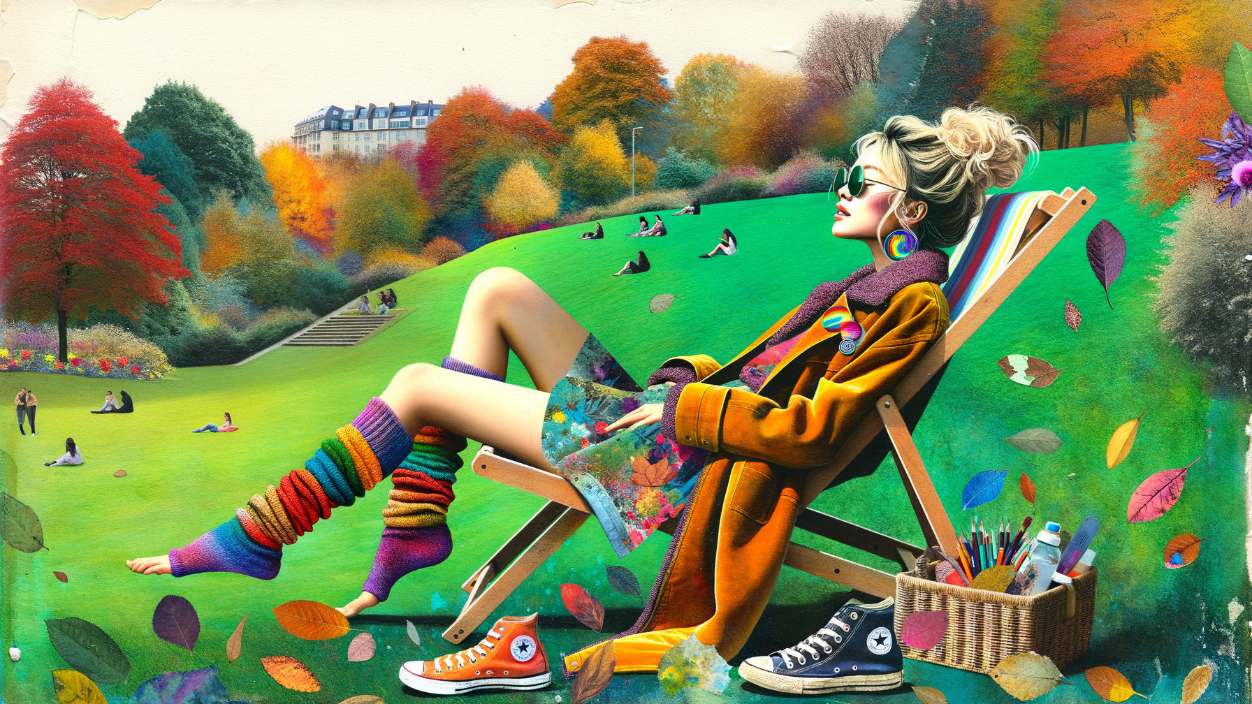 Stylish Young Woman Relaxing in Colorful Autumn Park