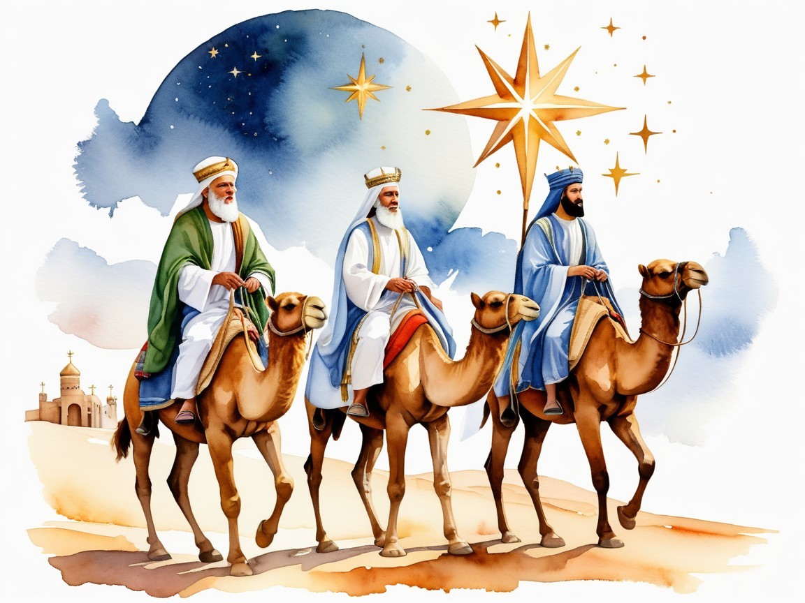 Three Figures on Camels in Starry Desert Night
