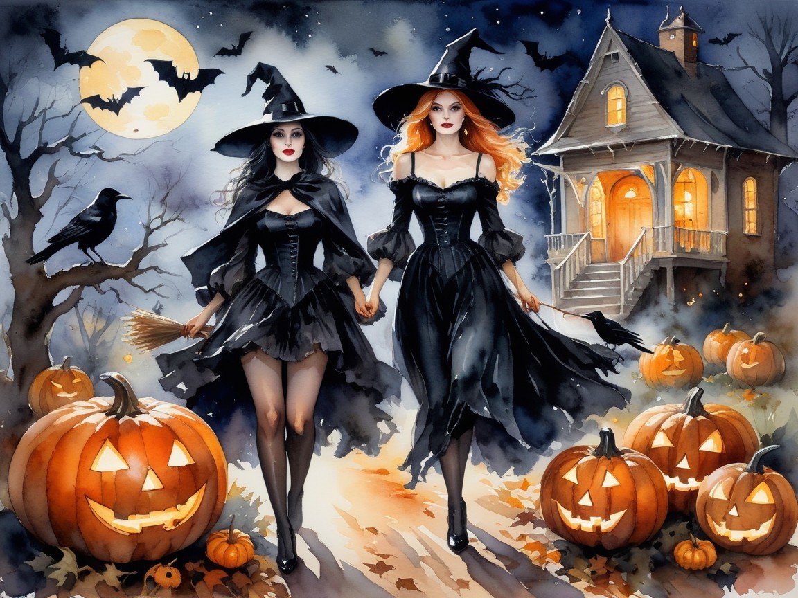 Witches in Black Dresses on a Moonlit Path