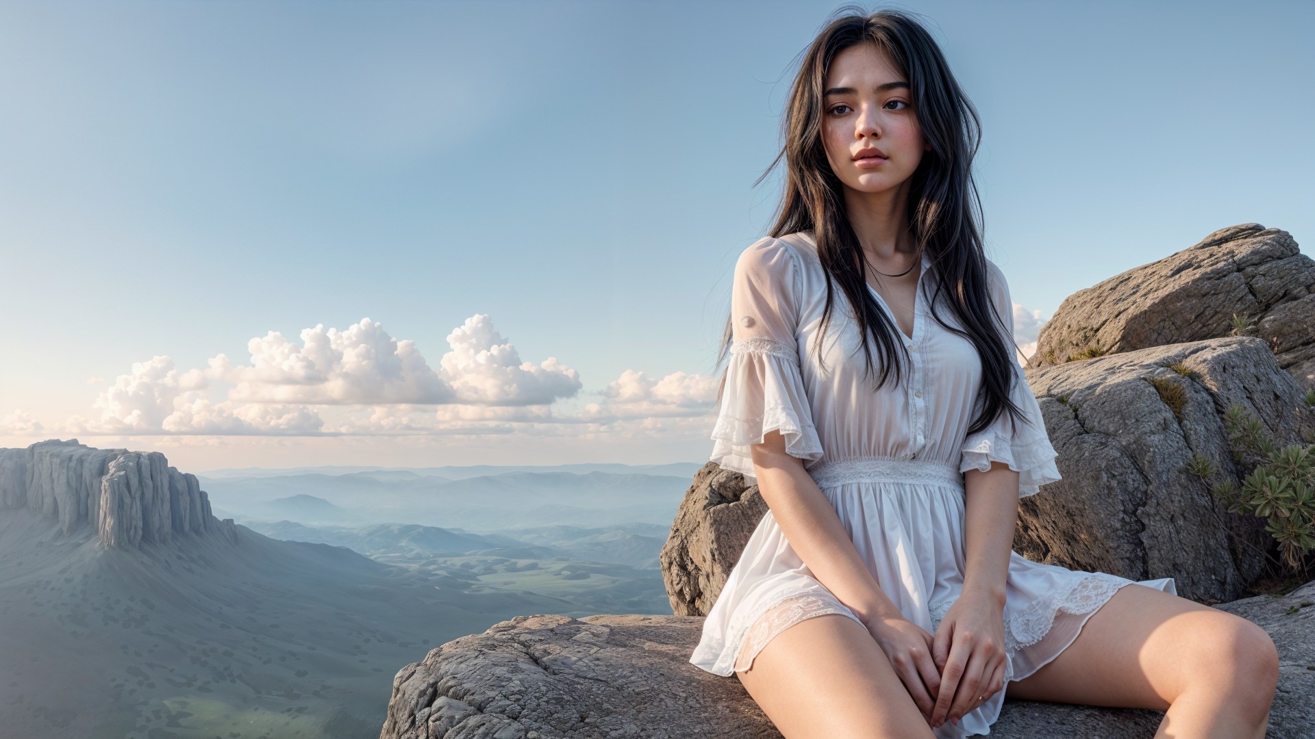 Young woman in white dress on rock with scenic landscape