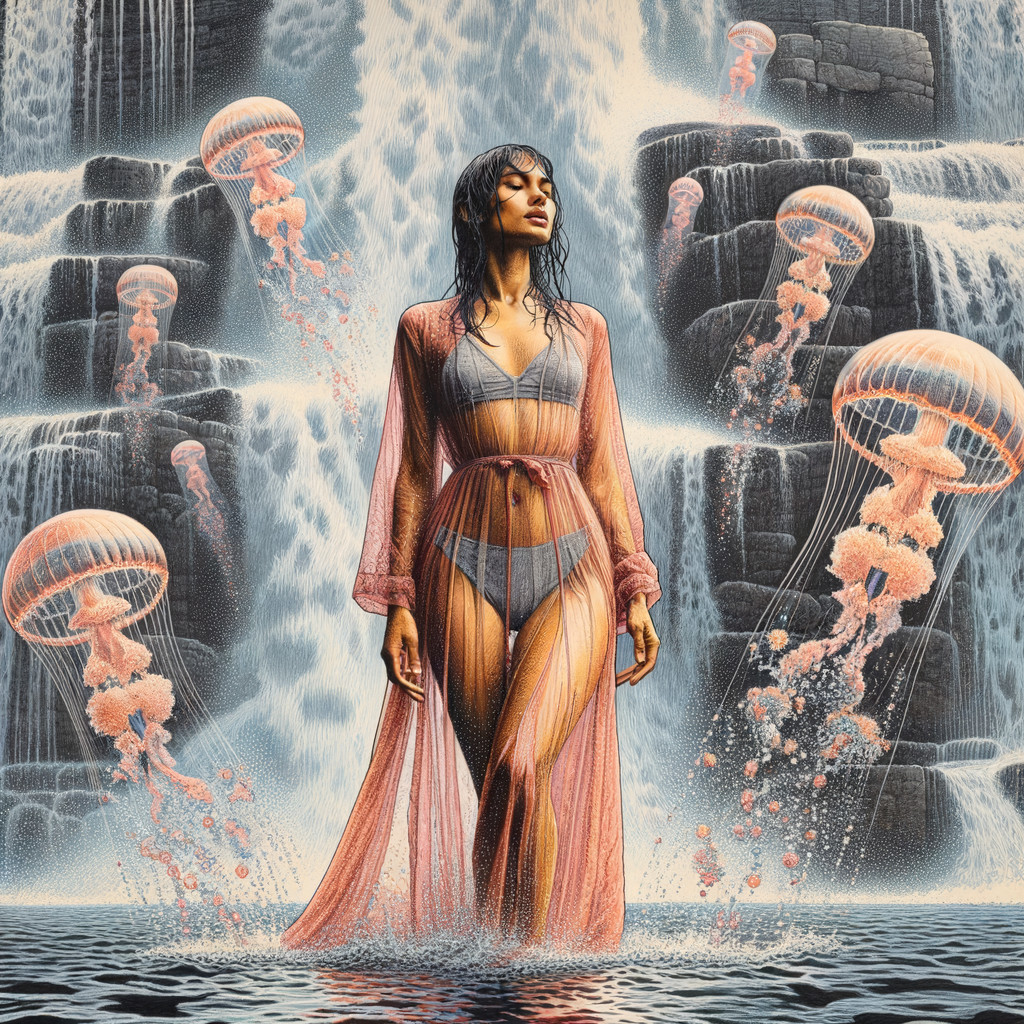 Woman in flowing robe by serene waterfall with jellyfish