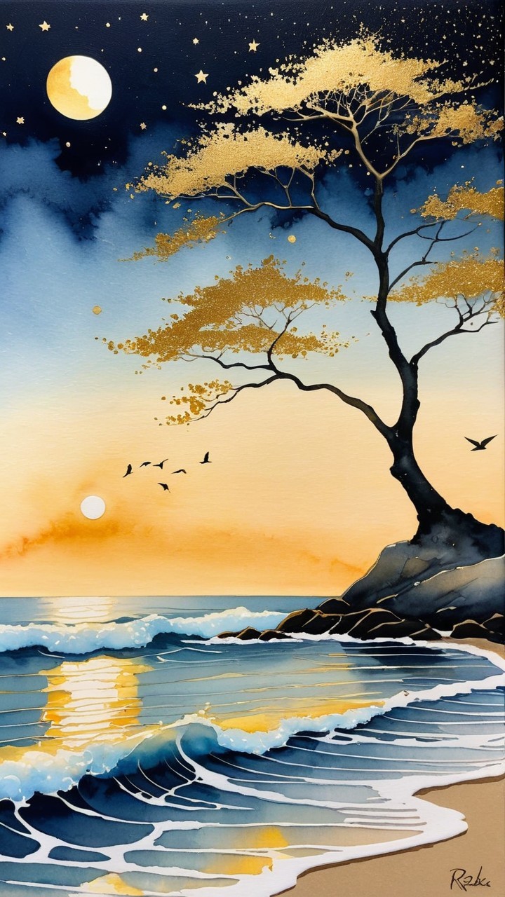 Coastal Scene with Golden Tree at Sunset