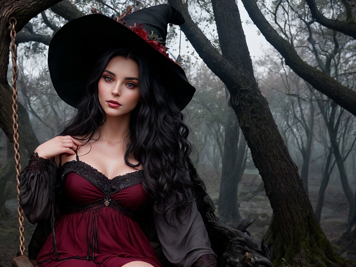 Mysterious Witch in Foggy Forest with Dark Attire