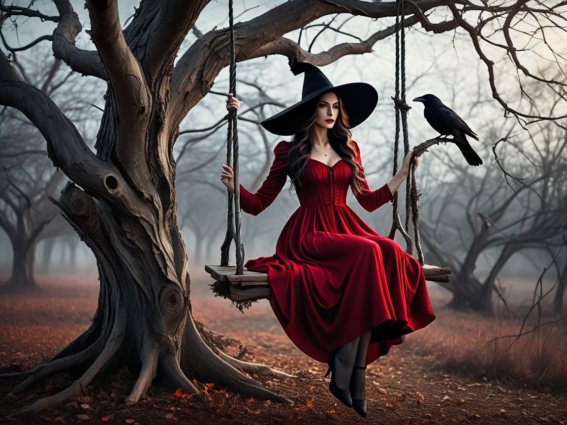 Woman in red dress on swing in foggy landscape